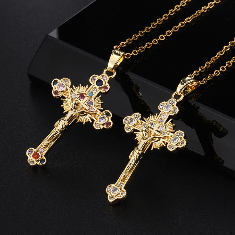 Fresh Pastoral Style Crucifix with Biblical Colorful Gemstones Pendant Necklace
