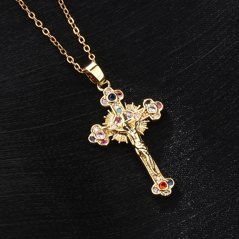 Fresh Pastoral Style Crucifix with Biblical Colorful Gemstones Pendant Necklace