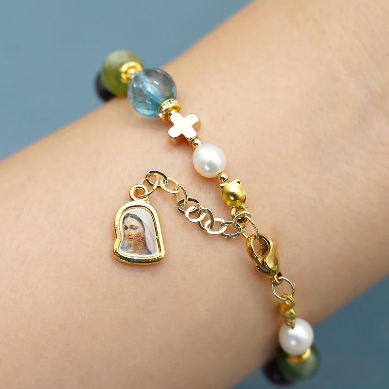 Miraculous Medal & Cross of Round Multicolor Natural Tourmaline Agate Bracelet