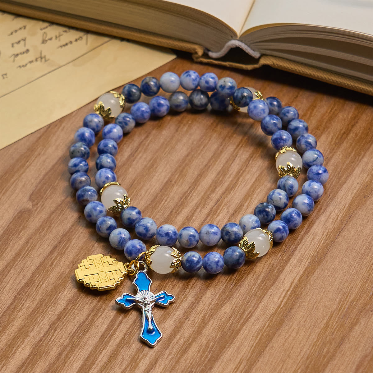 Artisanal Elastic 4mm Blue Stone Rosary Bracelet with Crucifix & Jerusalem Cross