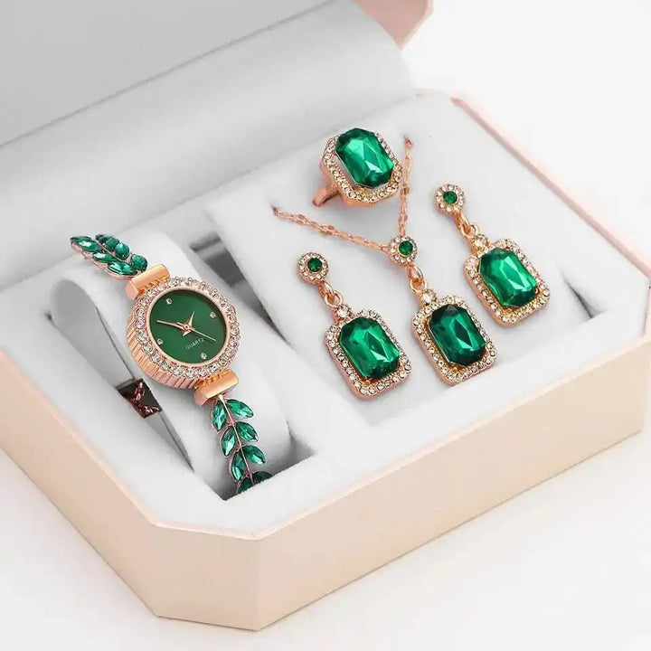 New diamond studded temperament, internet famous and popular bracelet, women's quartz watch, leaf jewelry set