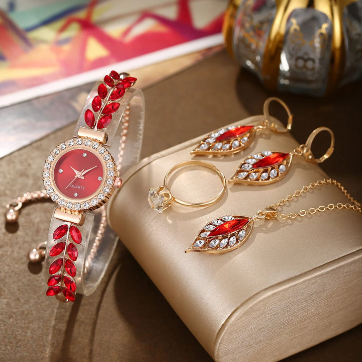 New diamond studded temperament, internet famous and popular bracelet, women's quartz watch, leaf jewelry set