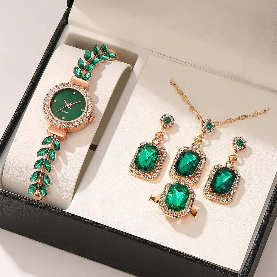 New diamond studded temperament, internet famous and popular bracelet, women's quartz watch, leaf jewelry set