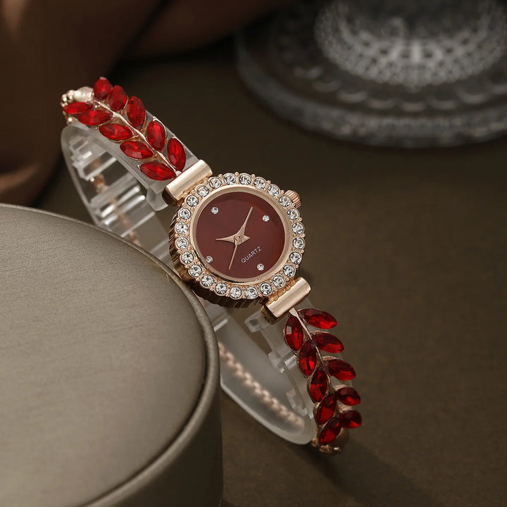 New diamond studded temperament, internet famous and popular bracelet, women's quartz watch, leaf jewelry set