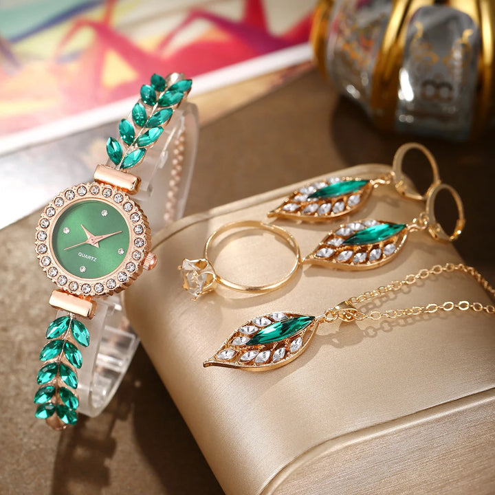 New diamond studded temperament, internet famous and popular bracelet, women's quartz watch, leaf jewelry set