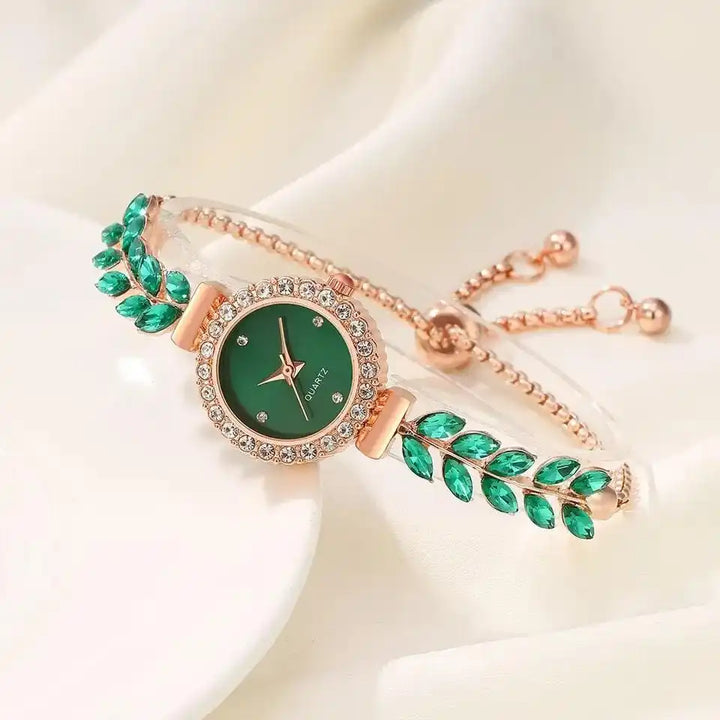 New diamond studded temperament, internet famous and popular bracelet, women's quartz watch, leaf jewelry set