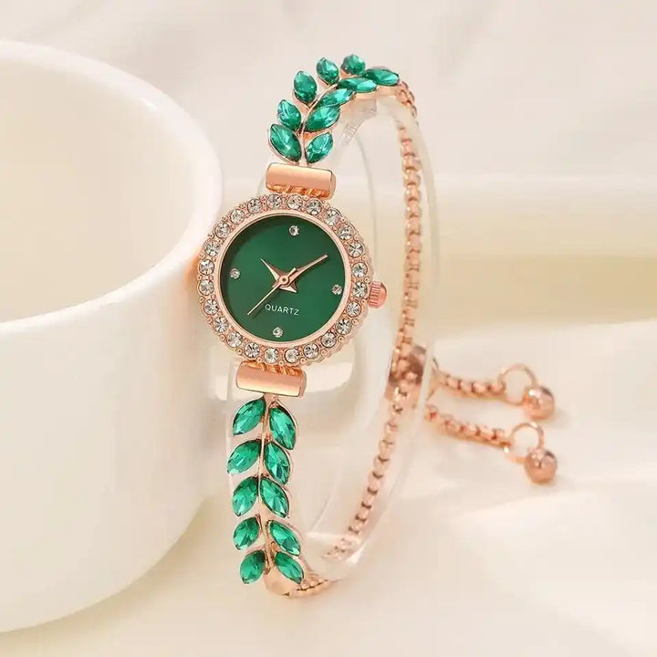 New diamond studded temperament, internet famous and popular bracelet, women's quartz watch, leaf jewelry set