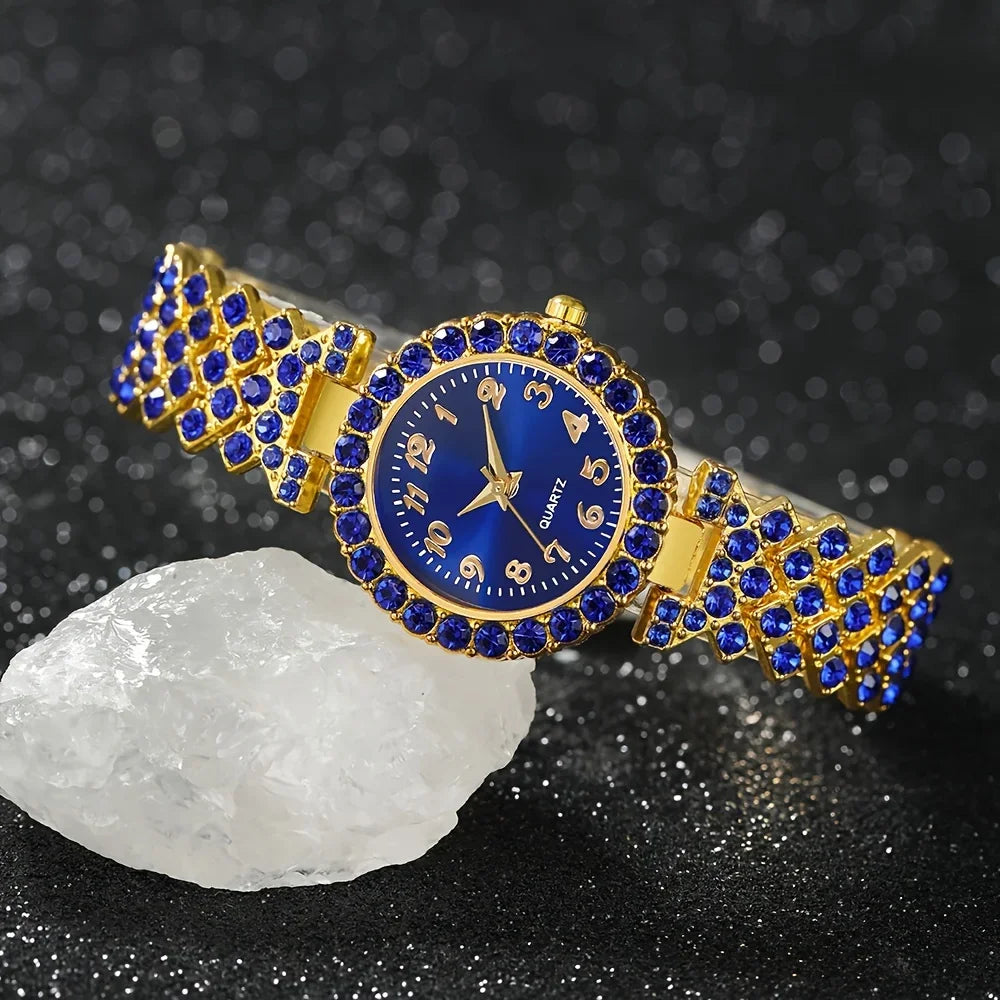 A fashionable women's quartz watch set, consisting of a 6pcs alloy round case timetable, earrings, necklace, and ring set,