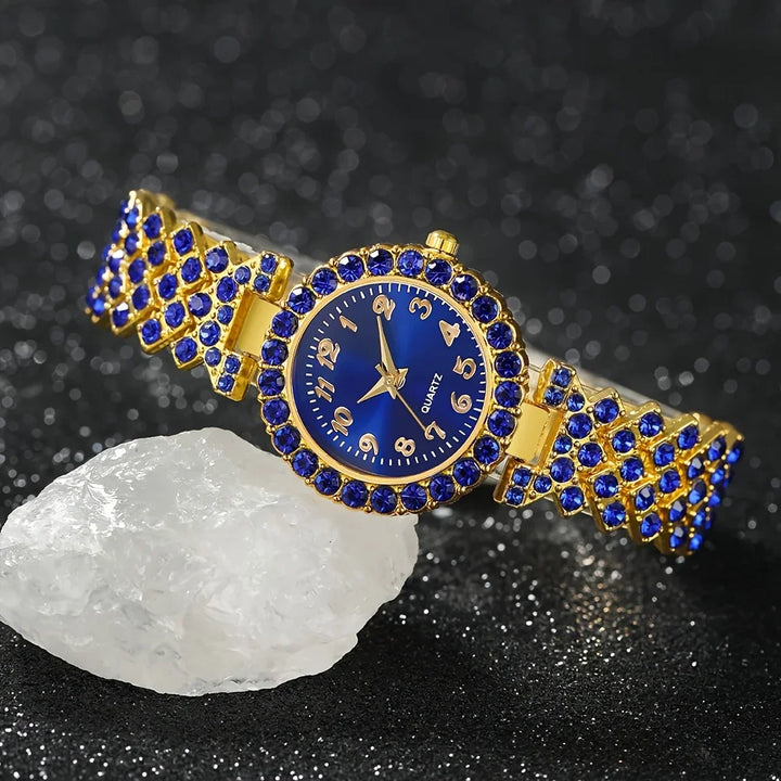 A fashionable women's quartz watch set, consisting of a 6pcs alloy round case timetable, earrings, necklace, and ring set,
