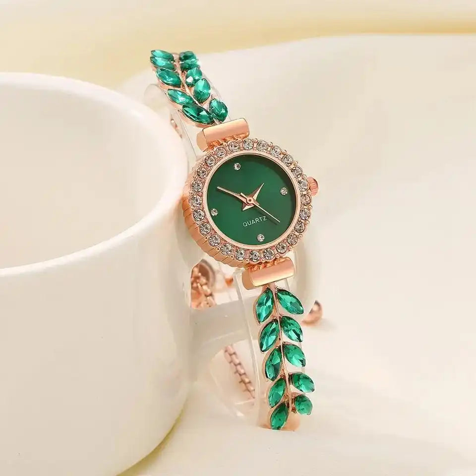 New diamond studded temperament, internet famous and popular bracelet, women's quartz watch, leaf jewelry set