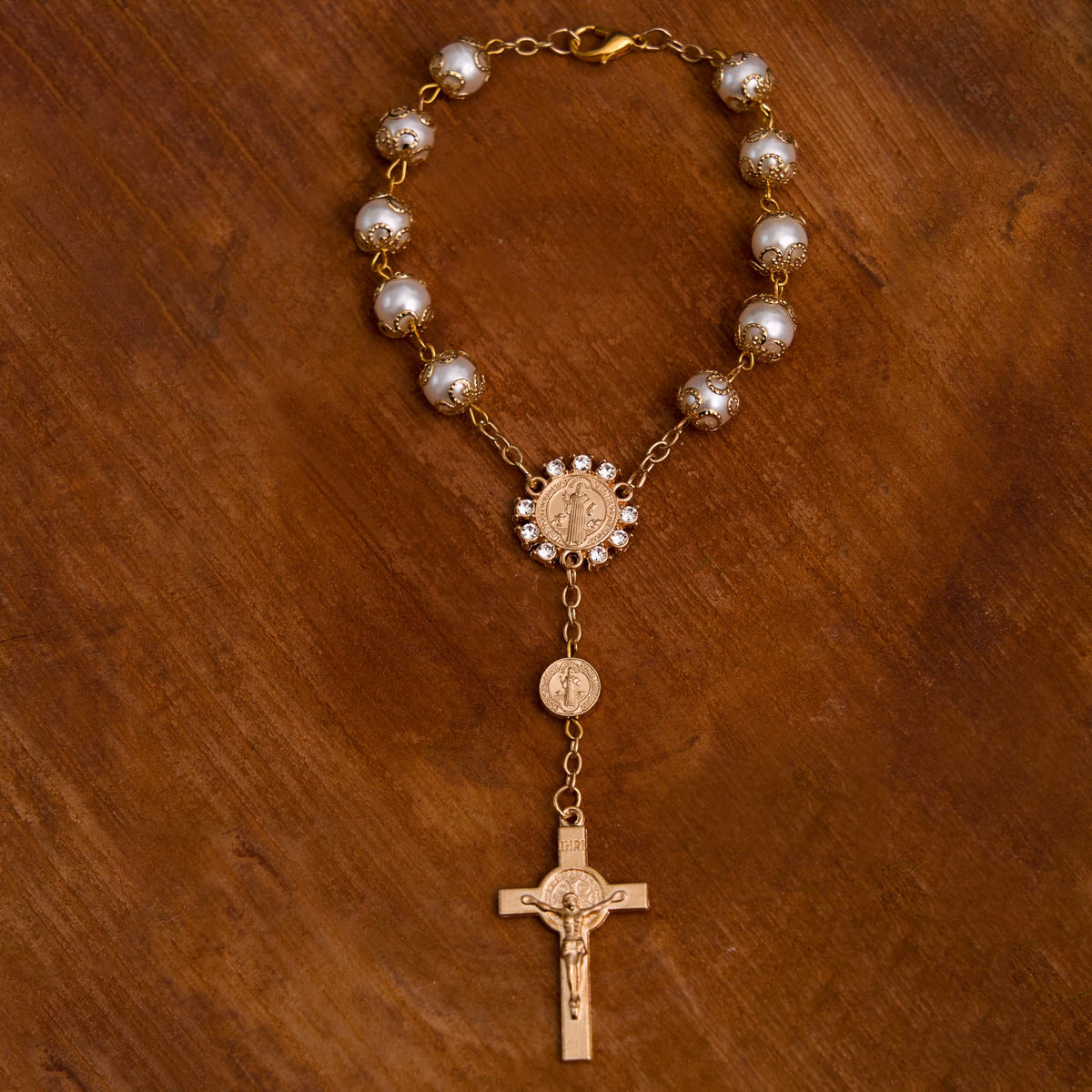 Christian Glass Beads St. Benedict & Jesus Cross Bracelet Rosary